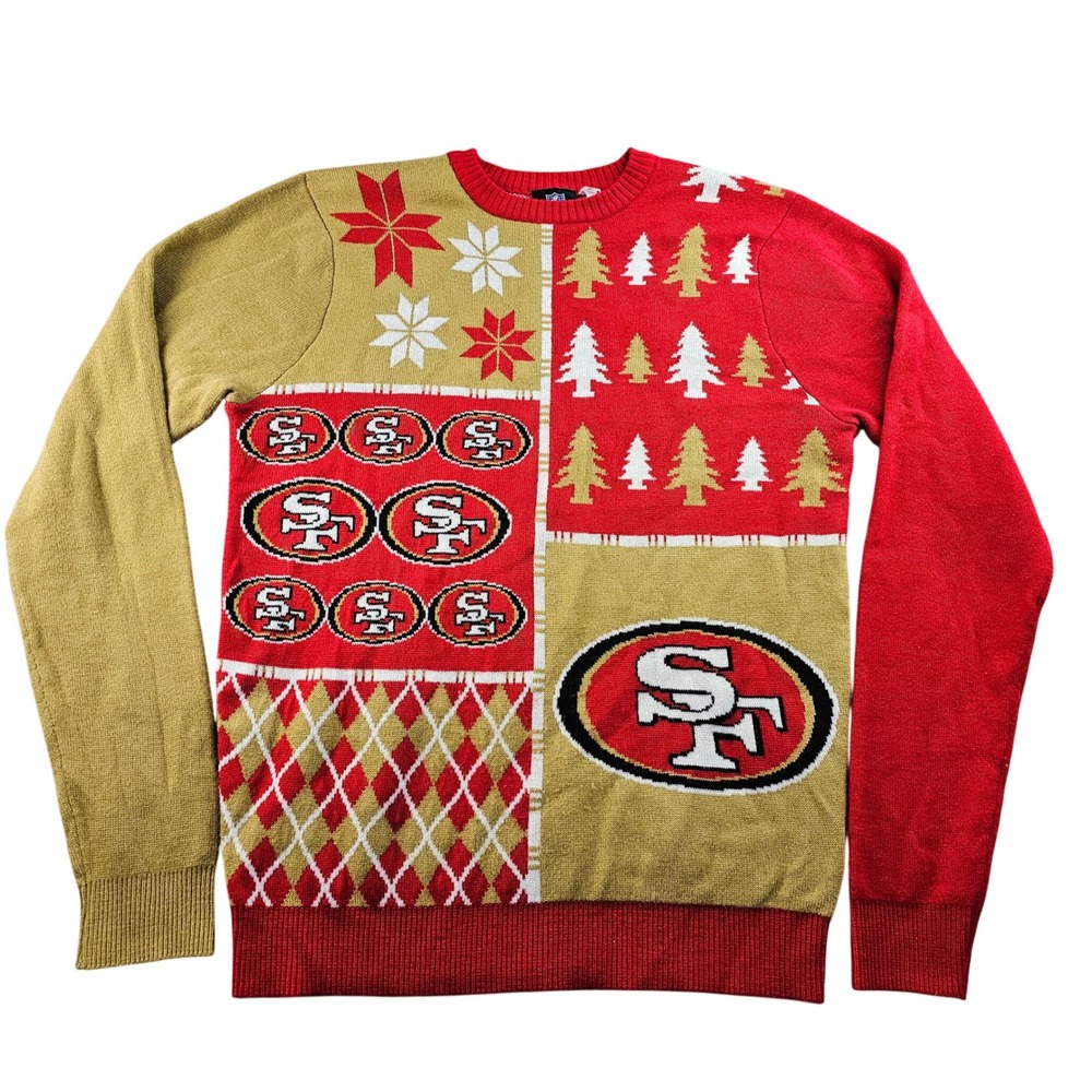 San Francisco 49ers Ugly Sweater Men's M Red Tan Busy Block NFL‎ Football Sports